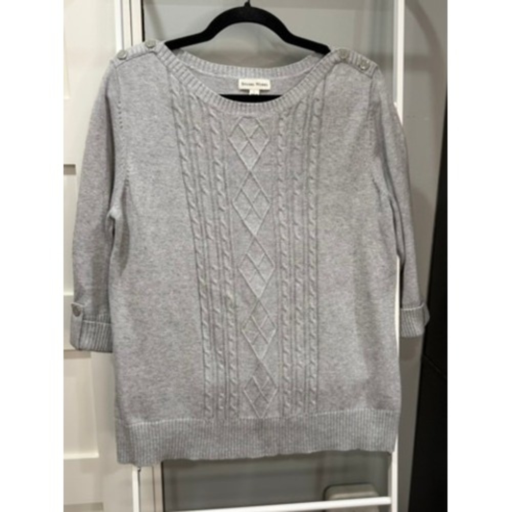 Studio Works Gray Cotton Cable Knit Boat‎ Neck Sweater 3/4 Sleeve  L Minimalist